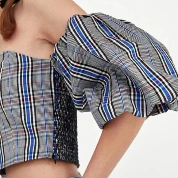 Zara Plaid Off-Shoulder Puff Sleeve Crop Top - Picture 3 of 8